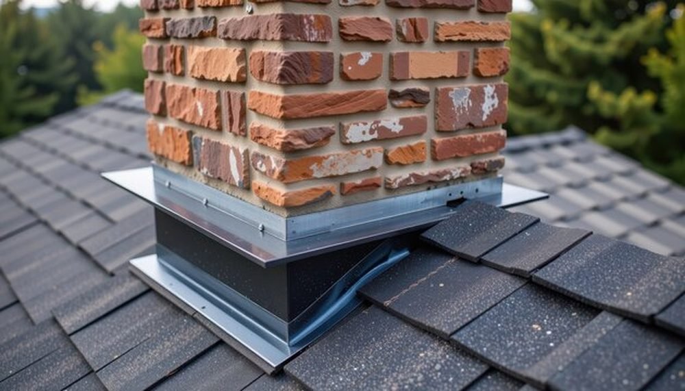 Close-up chimney flashing and base on shingle roof